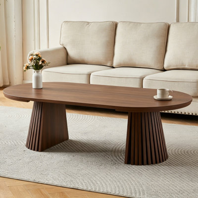 Table basse en bois ronde en bois, flexible et extensible, multifonctionnelle et peu encombrante, conception ovale tendance et pieds de table à lattes, table à thé ou bureau, table de salon moderne