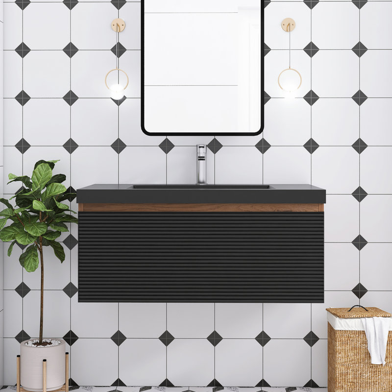 Meuble-lavabo mural simple 36 po en chêne avec plateau en résine intégré