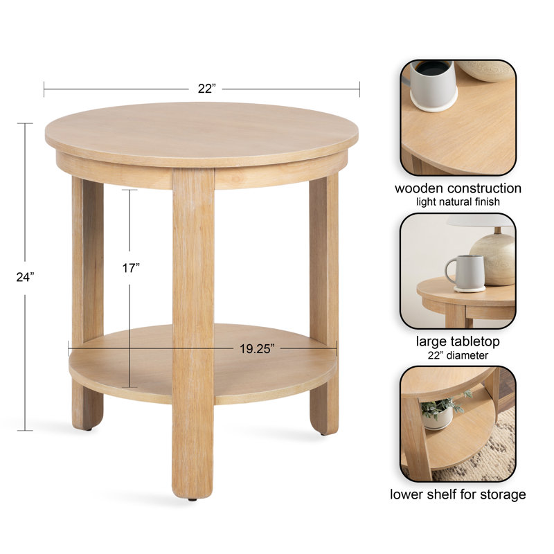 Aamnah Round Living Room Side Table, 24" H x 22" W x 22" D, Beige Wood