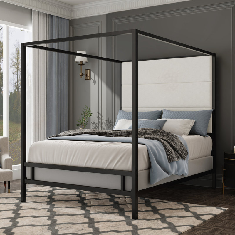 76.5" Tall Velvet Fabric Upholstered Headboard Metal  Canopy Bed, Queen, Black/White