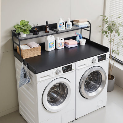 Washer Dryer Countertop with Shelf, 54 x 27.5 in Wooden Washer and Dryer Topper with Edge and 2 Hooks, Laundry Machine Topper for Laundry Closet Pantry Counter Organization and Storage, Black