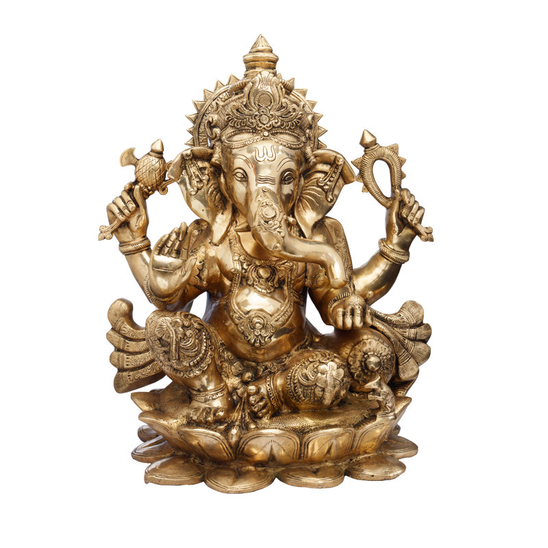 Grande statue en laiton fabriquée à la main de lord Ganesha de 21 po - Assis sur un lotus, conception Chaturbhuja, sculpture indienne de qualité supérieure pour un décor de maison et de jardin luxueux