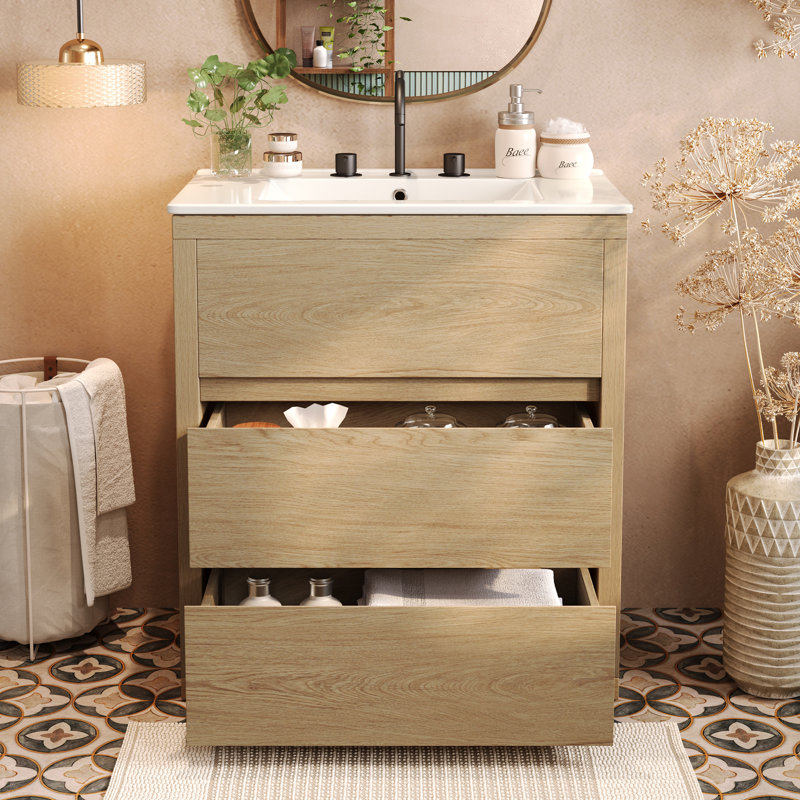Meuble-lavabo 30 po avec lavabo en céramique et 2 tiroirs pleine extension, meuble-lavabo autoportant avec poignée libre à 45 °, glissières de tiroir à fermeture en douceur, naturel
