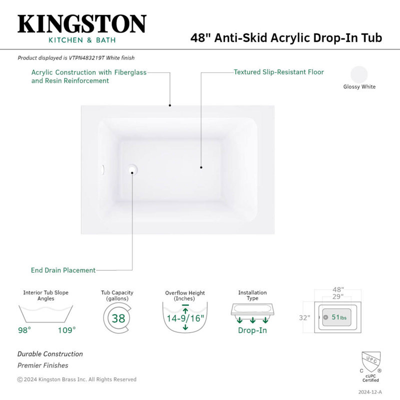 Kingston Brass Aqua Eden 48-Inch Acrylic Rectangular Drop-In Tub with Anti-Skid Surface