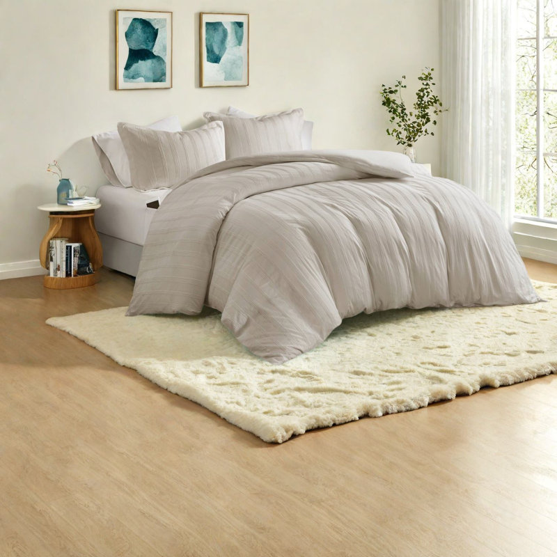 Modern King Bedding Set, Woven Striped Polyester, Neutral Design For Contemporary Homes