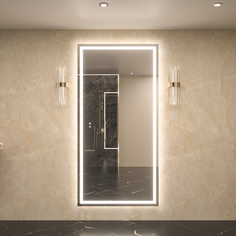 Miroir de meuble-lavabo à fixation murale avant et rétro-éclairé Cardier avec réglage en 3 couleurs, incassable, verre trempé