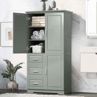 Tall And Wide Storage Cabinet With Doors For Bathroom/Office, Three Drawers, Grey