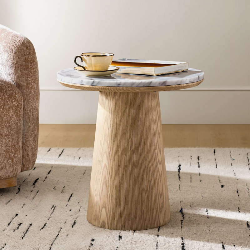 Myconos Modern Round End Table with Genuine Marble Top, Oak