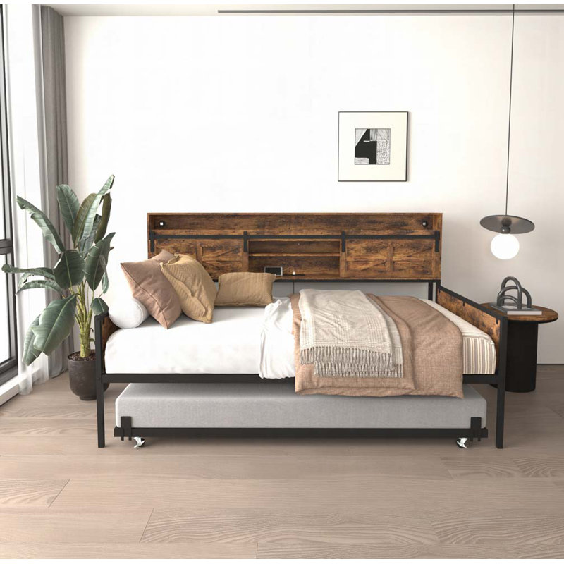 Farmhouse Twin Daybed with Trundle, Barn Door Headboard, LED Light & Charging Station, Rustic Brown Wood Frame, Rustic Brown
