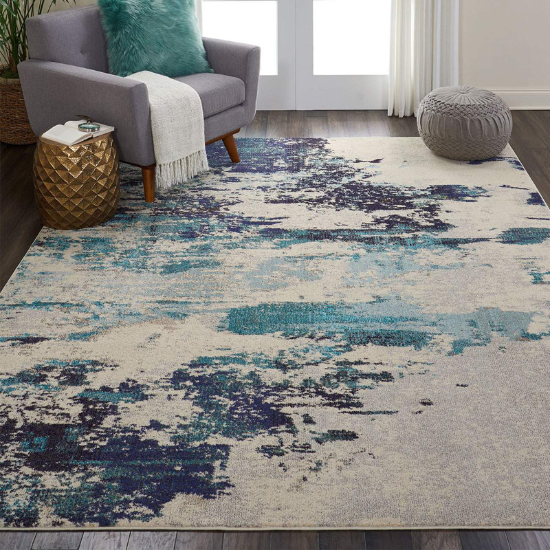 Teal/Blue Rug, Abstract Graphics Rug, Stain Resistant Rug, Modern Rug For Bedroom, & Dining Room, Rectangle 239 x 239 cm
