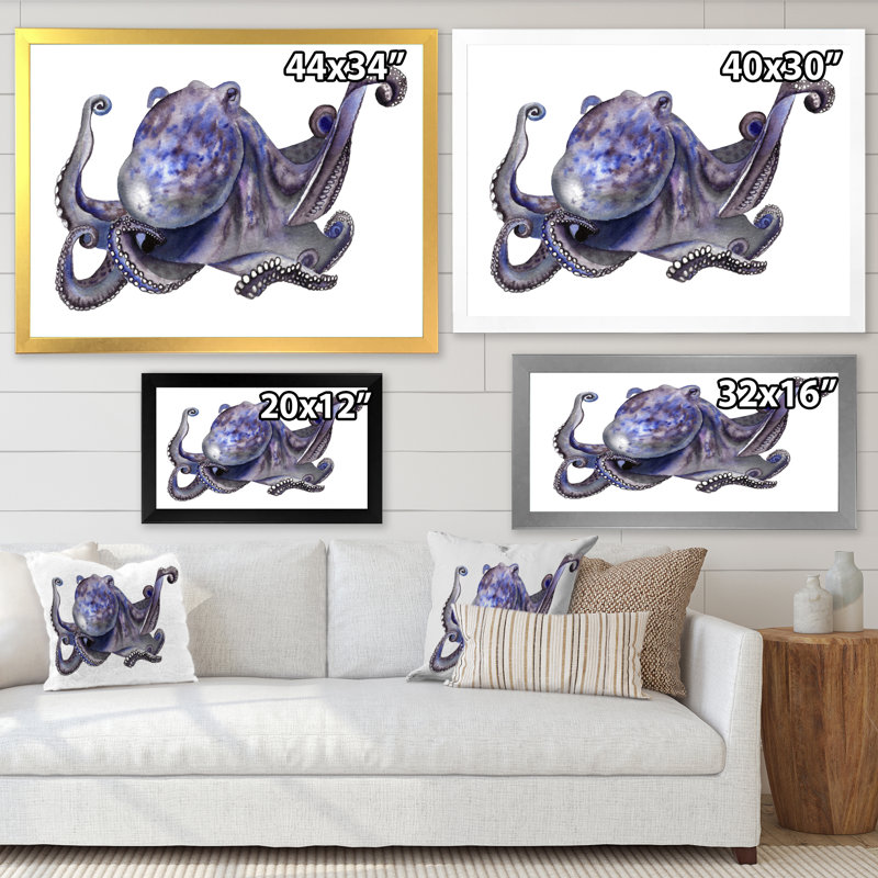 «Cute Blue Octopus», art mural sur toile nautique et côtier, Cadre photo noir, H 8 po x l 12 po x P 1 po