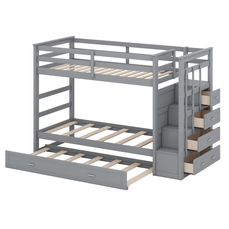 Bunk Bed With Trundle And Staircase, Gray