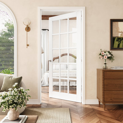 Porte pré-suspendue en verre transparent de 30 po x 80 po à 15 lumières avec charnières argentées, plaque de porte en verre transparent avec cadre, porte intérieure comme porte de garde-manger, porte de chambre à coucher, porte de buanderie, portes de placard, portes de pièce, droite
