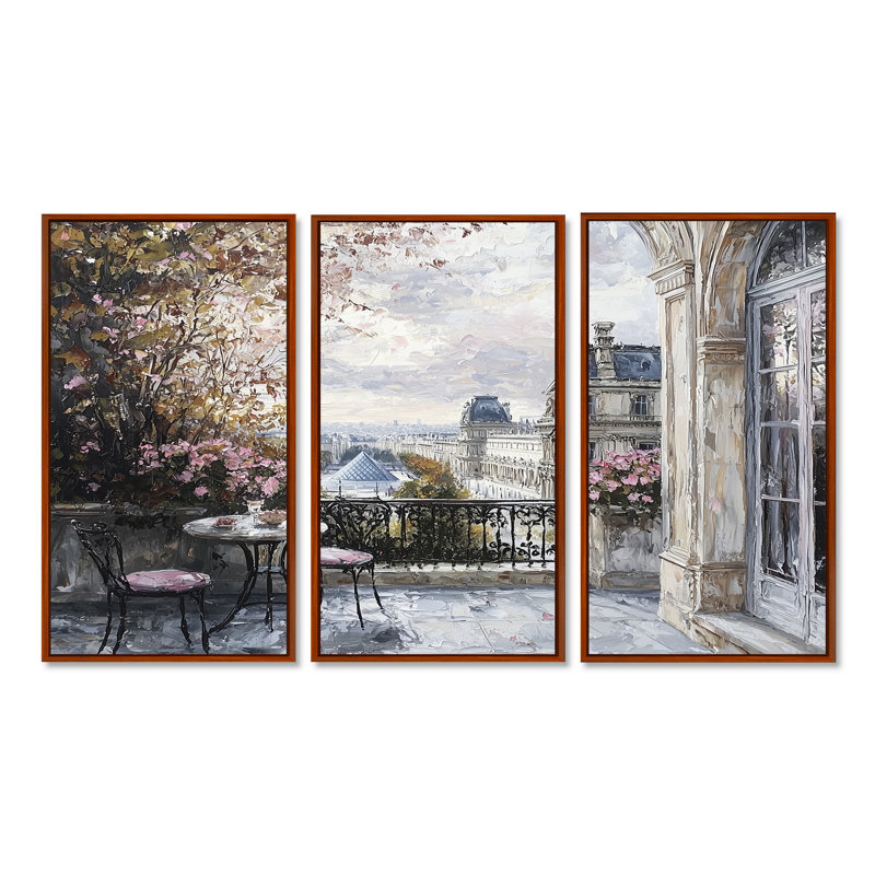 «Rose Parisian Elegance Louvre Musee - City Paris», ensemble de reproductions d'art mural, Toile avec cadre flottant brun