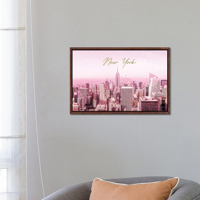 Pink New York 1 Piece Wall Art on Canvas, 45.72cm H x 66.04cm W x 3.81cm D, Classic Brown Wood Framed