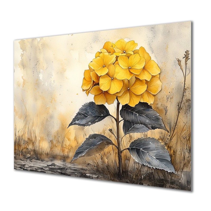 «Yellow Hydrangea Focus II - Hydrangea», art mural métallique traditionnel, H 30 po x l 40 po
