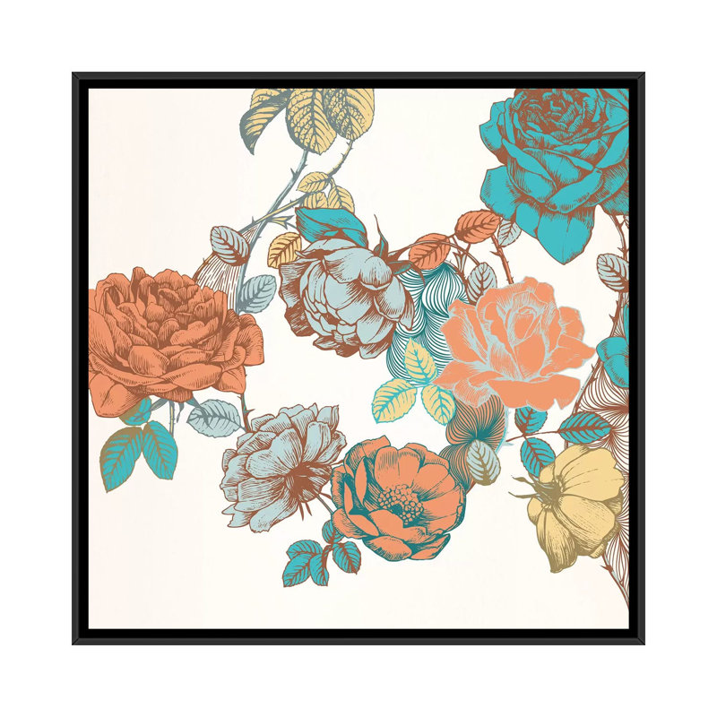 Fleurs et feuilles - Impression d'art graphique, Toile avec cadre noir, Aucun mat, H 18 po x l 18 po x P 1,5 po