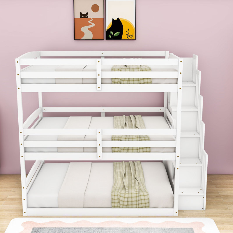 Lit double superposé double au-dessus d'un lit double au dessus d'un lit double avec escalier, Blanc