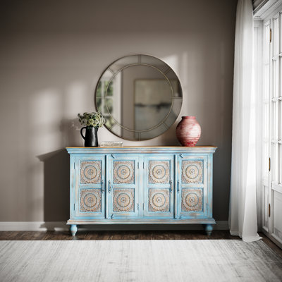 Freitag 71" Solid Wood Boho Distressed Sideboard Cabinet with Artisan Carved Doors