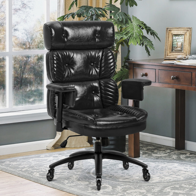 Chaise de bureau en cuir à trois sections avec roulettes en caoutchouc, Noir