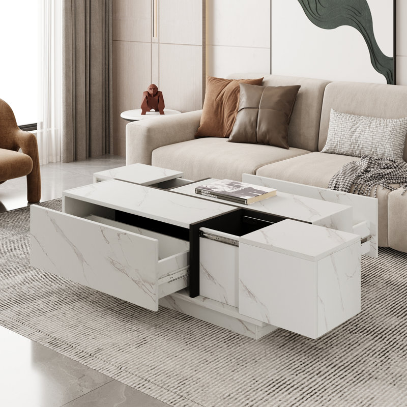 Table basse rectangulaire à plateau coulissant avec 2 tiroirs et 2 rangements cachés pour le salon 47,2 po (blanc)