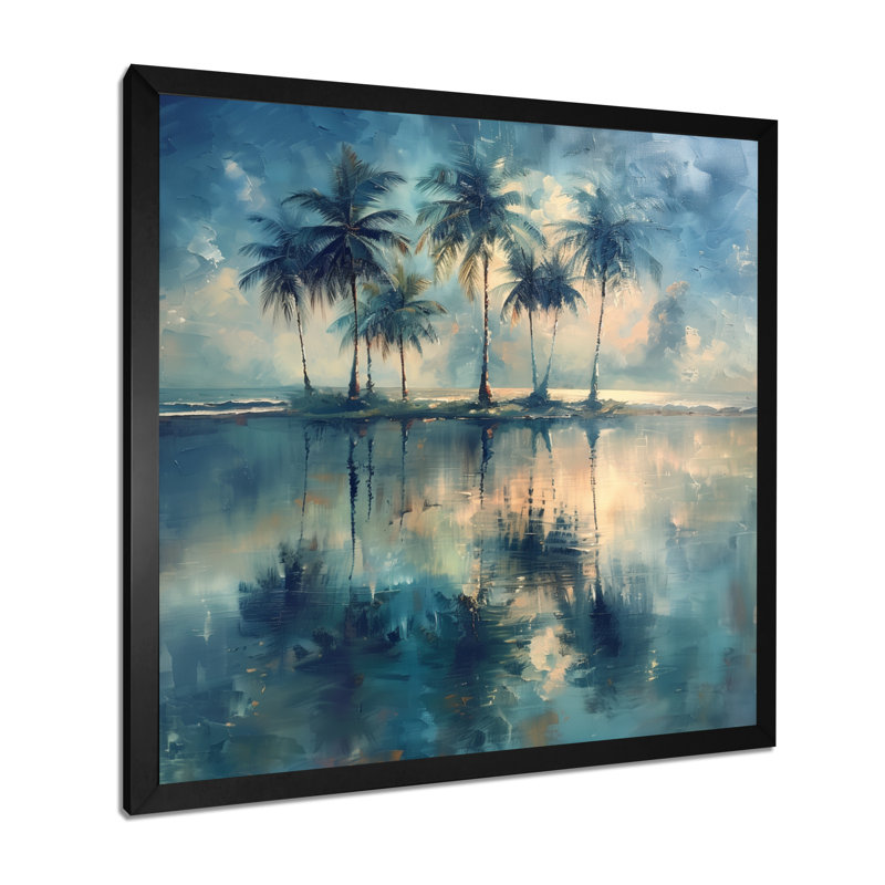 «Blue Palm Trees Reflections I - Palmiers et palmiers», impression d'art mural, Cadre simple noir, H 16 po x l 16 po