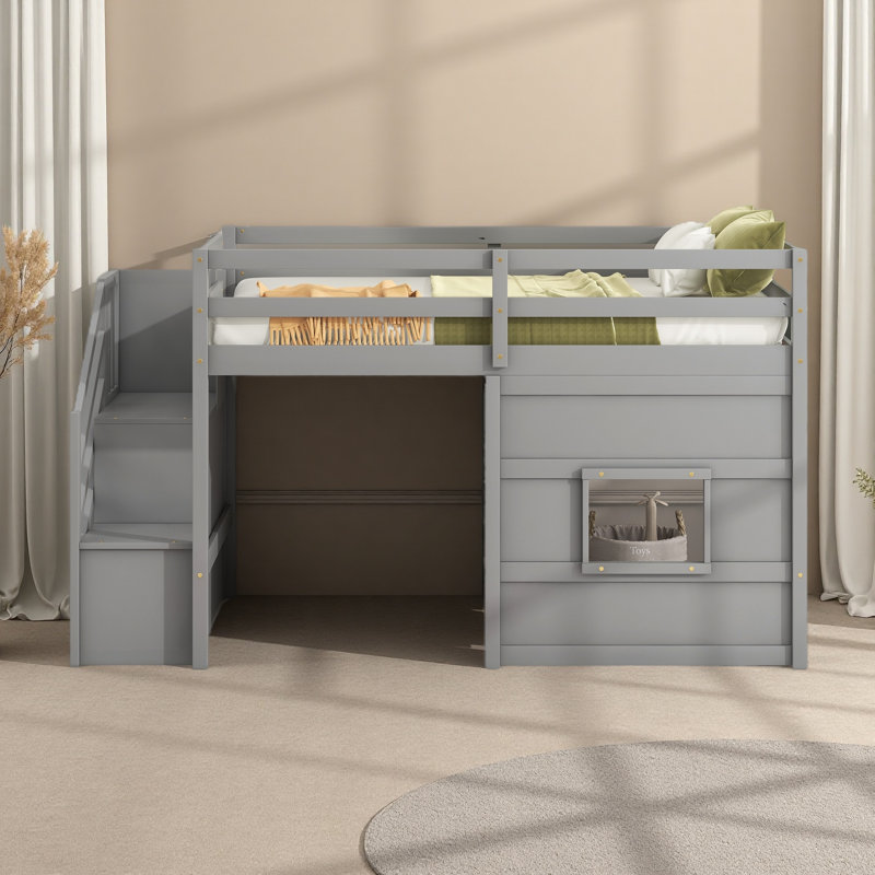 Lit mezzanine simple avec escalier de rangement et fenêtre, Gris