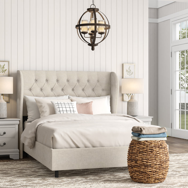 Tomey Upholstered Wingback Bed, King, Classic Talc Linen