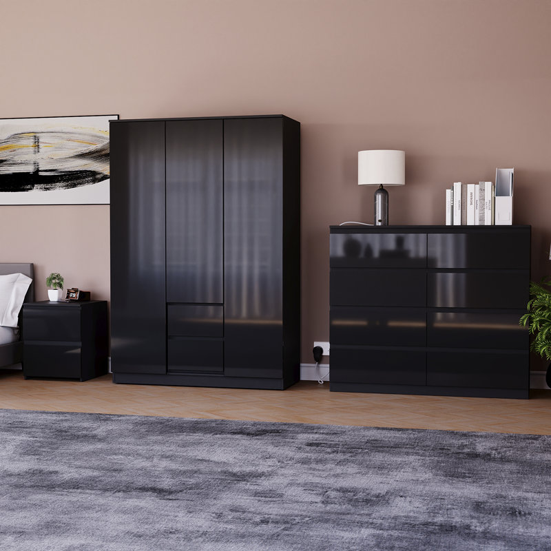 3 Piece Bedroom Set (2 Drawer Bedside Chest, 8 Drawer Chest, 3 Door 2 Drawer Wardrobe), (100% FSC), Black