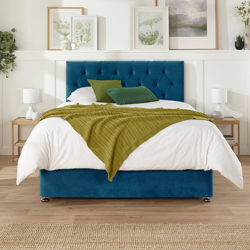 Amanjot Upholstered Divan Bed with Mattress, Marine, 2 Drawers, Double (4'6)