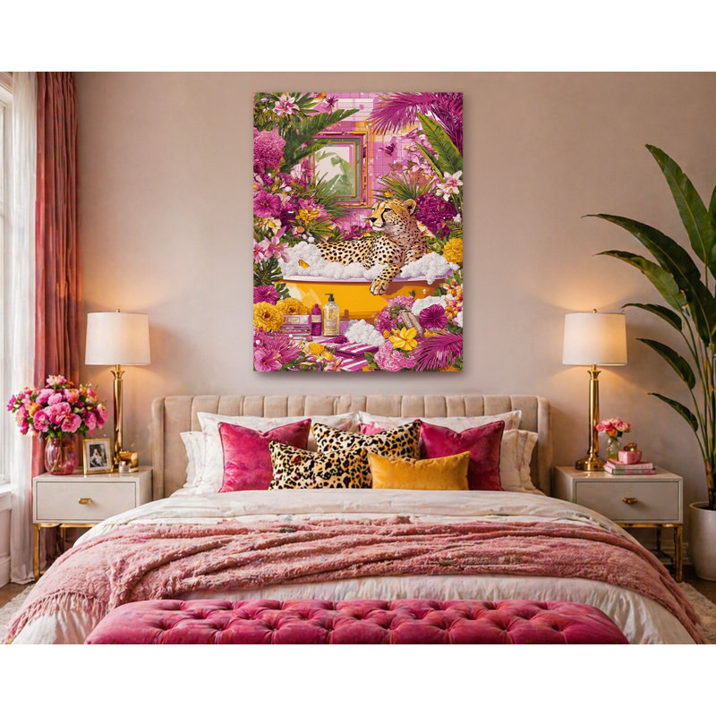 Art mural sur toile rose, guépard tropical rose, décoration murale de salle de bain animaux de la jungle colorée, toile tendue moderne