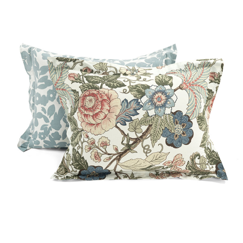 Green and Blue Floral Cotton Reversible Queen Duvet Cover Set