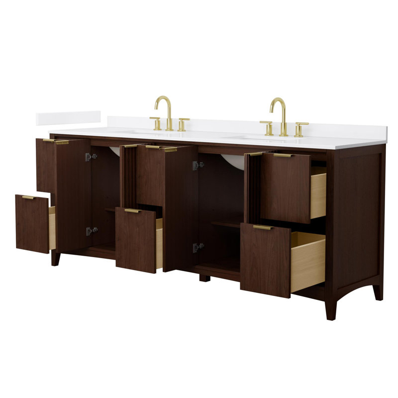 Palmilla 84" Freestanding Double Bathroom Vanity with Cultured Marble Top, Brushed Gold, Brown, White