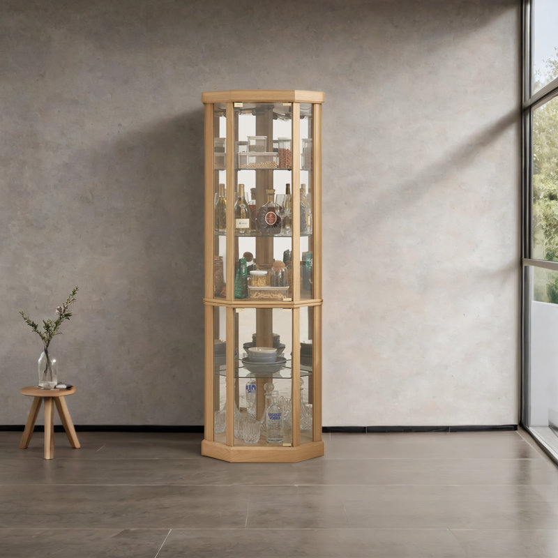 Corner Lighted Curio Cabinet Corner Glass Cabinet Lighted Curio Cabinet Corner Display Case for Living Room, Curio Cabinet, Antique collection, Wine,Bar Glass Storage Light Included,Light oak