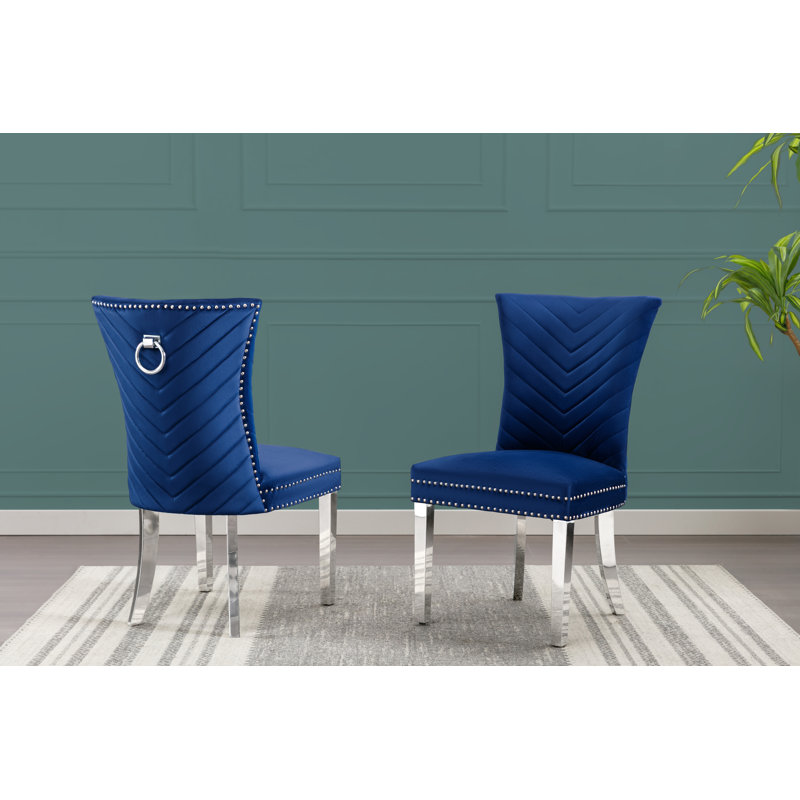 19'' H Velvet Upholstered Metal Side Chair, Silver, Navy Blue