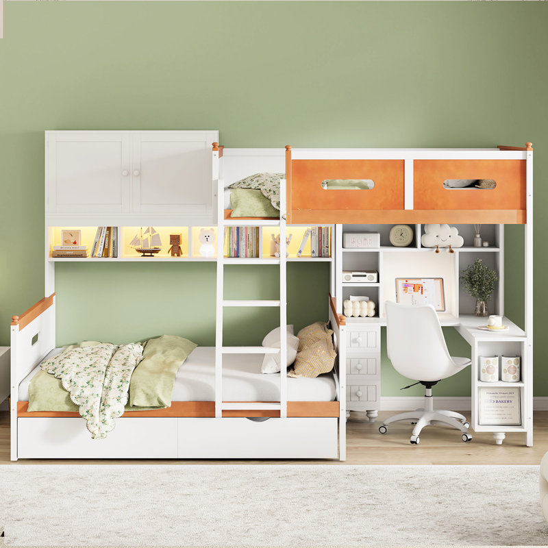 Lit superposé simple au-dessus d'un lit double avec bureau intégré, tiroirs de rangement spacieux, tablettes, armoire et bandes à DEL, convient pour l'éclairage à finition blanche et orange, option d'utilisation de l'espace