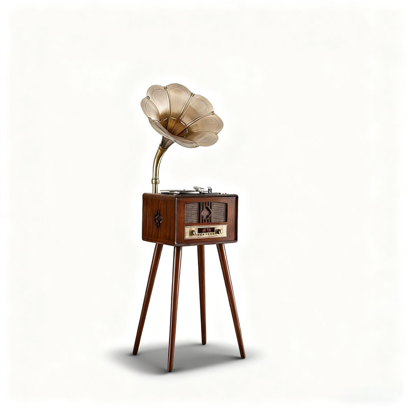Rétro Gramophone: haut-parleur en bois massif tout-en-un, Brun / or