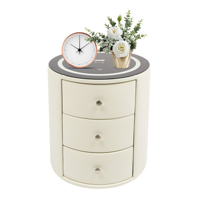 3 Tier Round Smart Bedside Table Nightstand With LED, Wireless Charge And USB Function