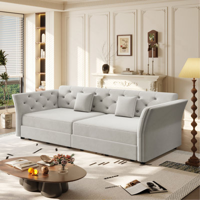 74.4"  Queen Pull Out Sofa Bed,  Convertible Sleeper Sofa With Handmade Fabric Flower Tufted Design,Multi-Functional Velvet Loveseat Bed For Living Room,Bedroom,Apartment