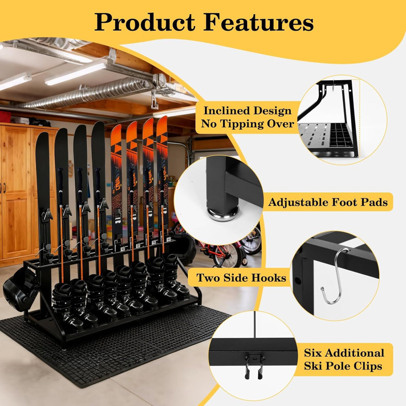 Freestanding Snowboard Ski Storage Rack – Inclined Design, No Tipping Over, for 8 Pairs Ski