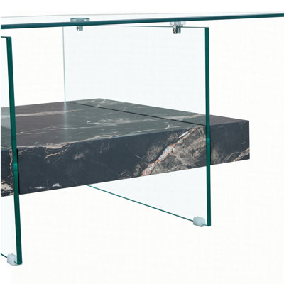 31.4 Inch Modern Two-Tier Square Coffee Table - An Elegant Combination of Clear Glass and Marble Pattern Sticker.It can be used as a coffee table,a side table or a display stand