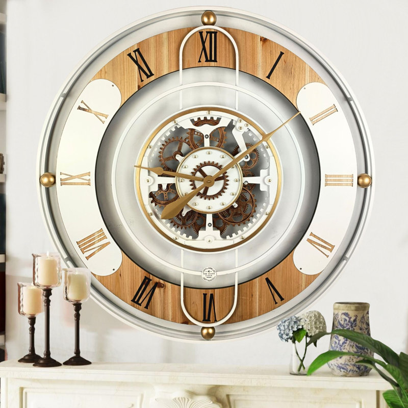 Oversized White and Wood Analog Wall Clock with Moving Gears