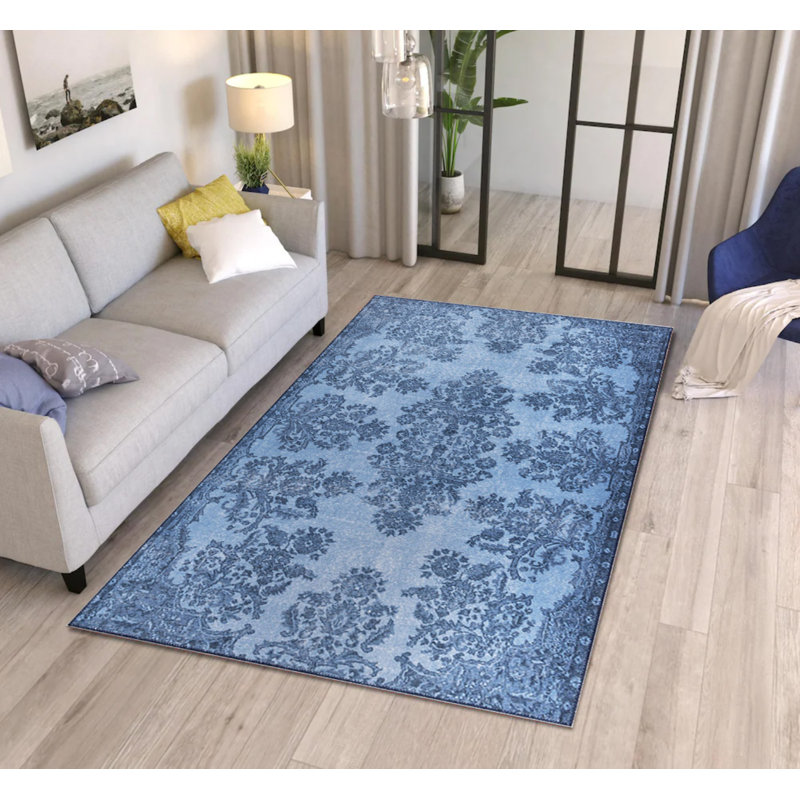 Tapis décoratif bleu à motif tissé rétro, Rectangle 9 pi 11 po x 13 pi 2 po