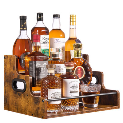 3-Tier Rustic Wood Liquor Display Shelf & Coffee Syrup Rack with Handles & Metal Guardrail