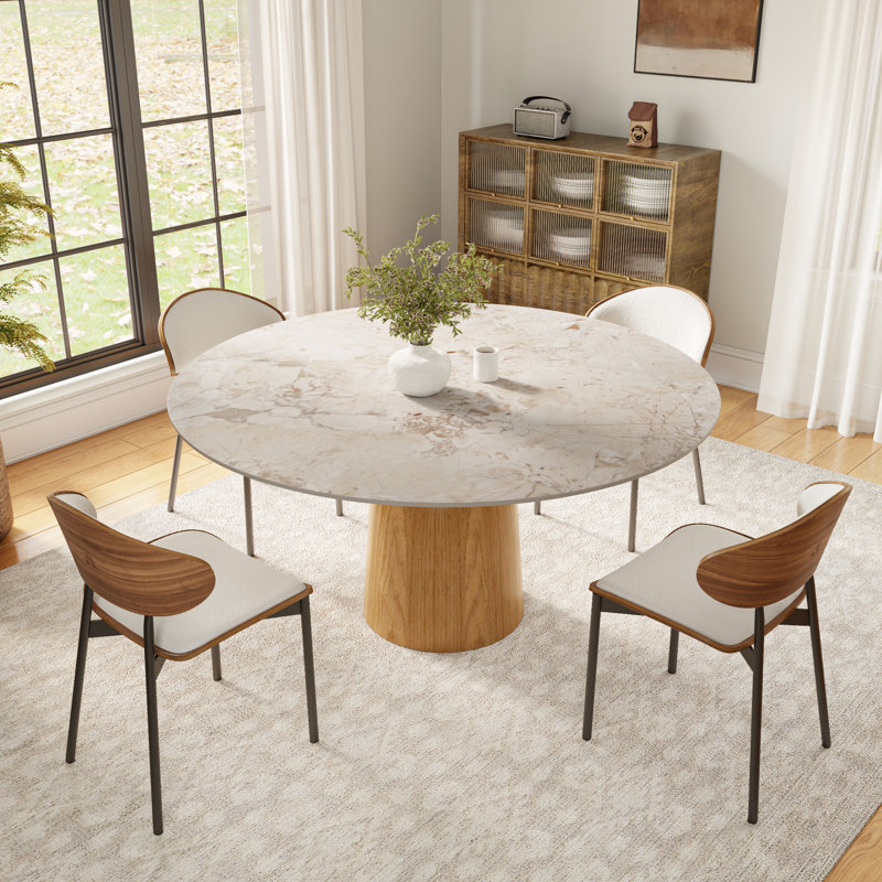 Modern Round Dining Table with Premium Sintered Stone Tabletop & Sturdy Solid Wood Pedestal Base for 2-6 Seats, Monet Garden