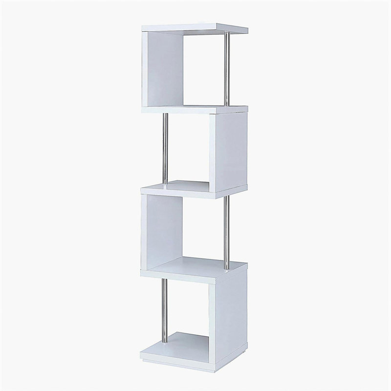 Rectangular 4-Shelf Bookcas in White and Chrome