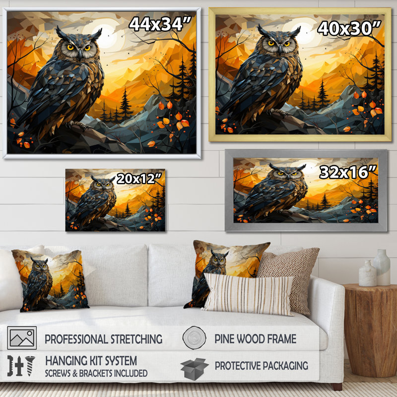 Yellow Owl Nights Watch, impression géométrique sur toile, Toile tendue, H 16 po x l 32 po x P 1 po