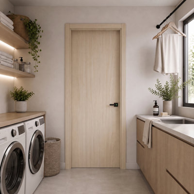 DEPOT E-SHOP 32 in. x 80 in. PVC AquaDoor Kit - Waterproof Interior Slab Door with Adjustable WPC Frame, Weatherstrip and Trim Moulding for Bathroom, Kitchen and Laundry Room - Light Oak