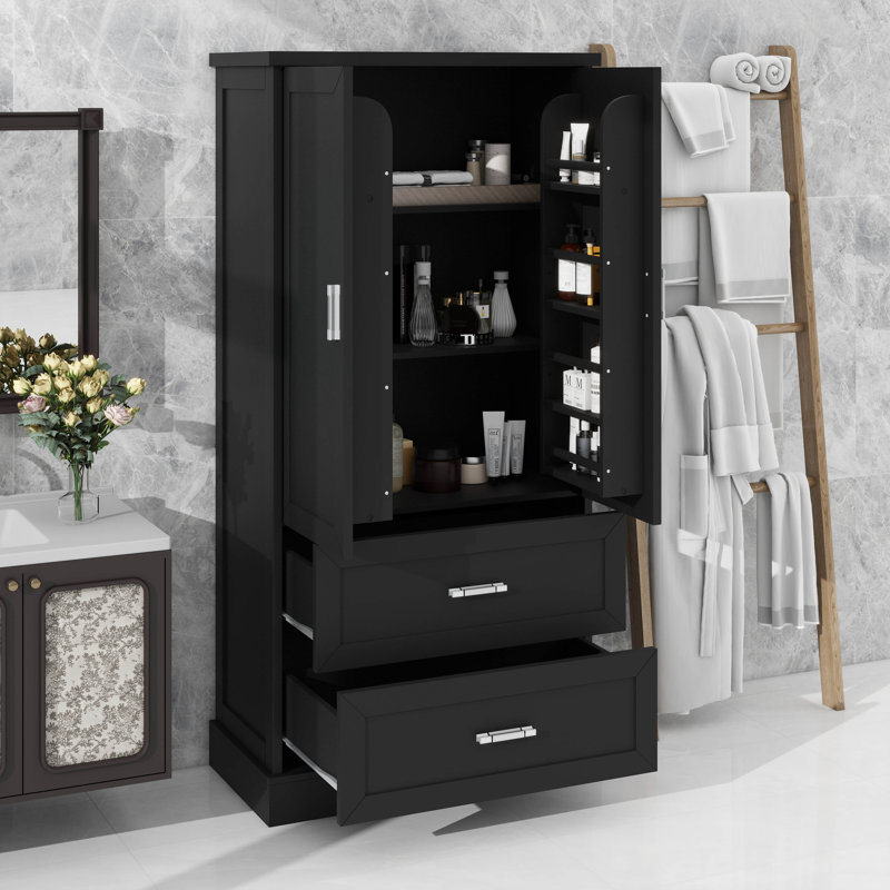 Tall Bathroom Storage Cabinet Space Optimizing Adjustable Shelf Two Doors Drawers, Black