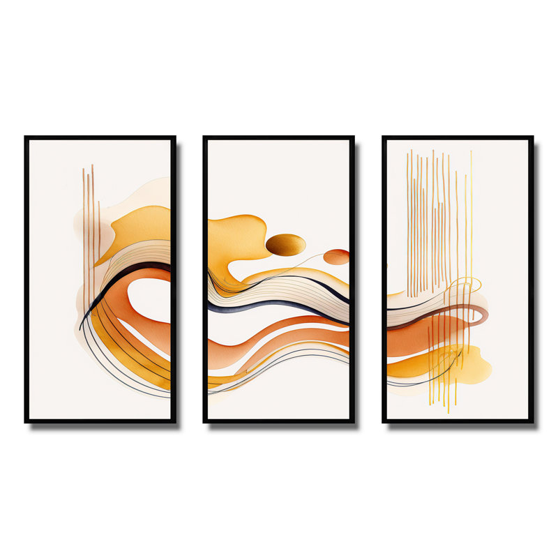 Dhatri " Burnt Orange Waves Abstract III " 3 - Pieces, Black Framed, 28" H x 36" W x 1" D